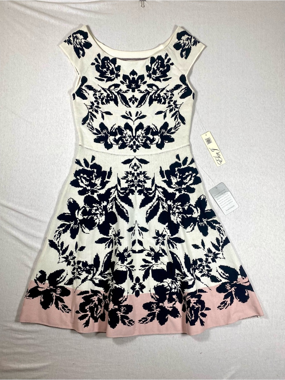 Eliza J NWT Floral Knit Fit & Flare Dress Navy Pink Ivory Jacquard